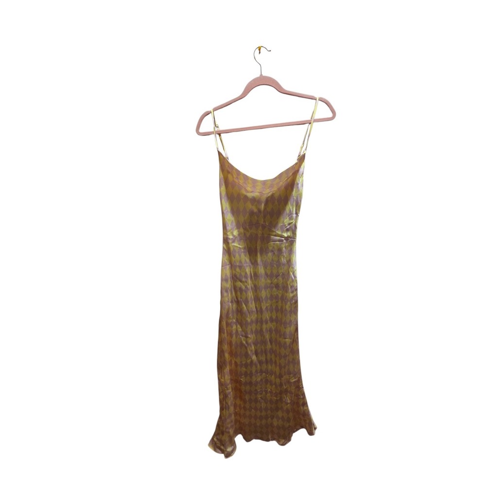 Olivia Rubin Silk Aubrey Harlequin Diamond Satin Slip Midi Dress Pink Yellow 0 - Picture 7 of 7